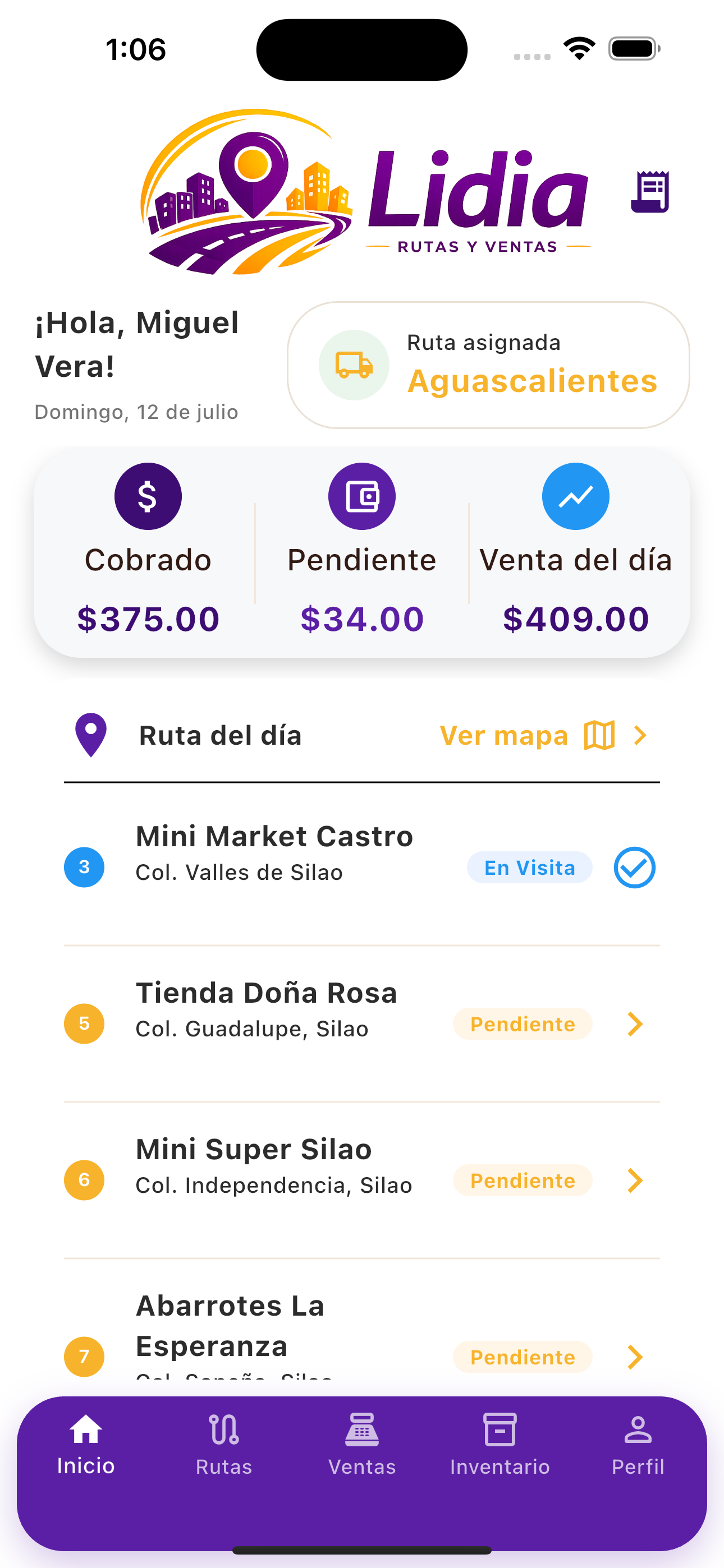 Dashboard móvil de Lidia - Rutas y Ventas con ruta asignada, cobranza, venta del día y clientes en ruta